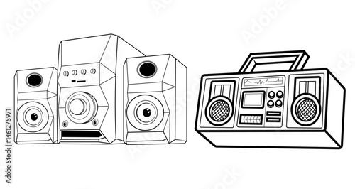 Sound speakers, subwoofer icons, acoustic audio systems for concert or party equipment, home cinema stereo system illustration 80s listen nostalgia for Printing tshirt or paper print