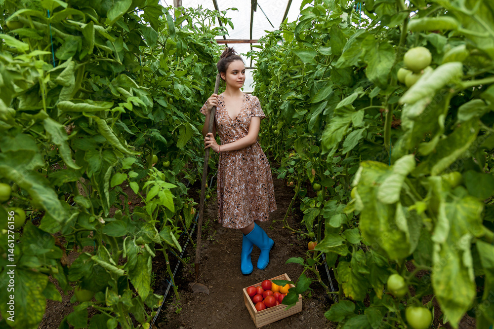Φωτογραφία Woman in floral dress and blue boots holding a hoe in greenhouse surrounded by l