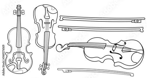 Outline Classic Violin and a Viola Playing Musical Instrument. Beautiful band, orchestra playing music wood equipment. flat style cartoon illustration isolated for Printed poster and Tshirt Element