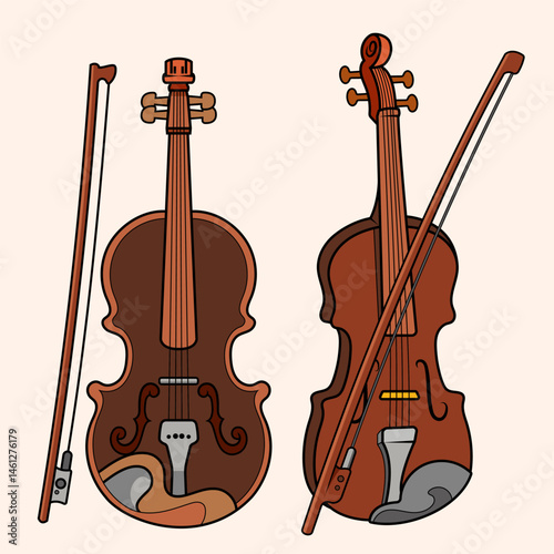 Illustration of a Classic Violin and a Viola Playing Musical Instrument. Beautiful band, orchestra playing music wood equipment. flat style cartoon illustration isolated for Printed poster and Tshirt 