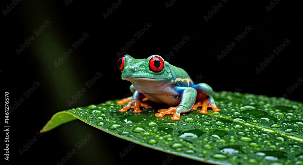 Naklejka premium a red-eyed tree frog perched on a glossy green leaf glistening with dew under moonlight-gigapixel-art-scale-_x