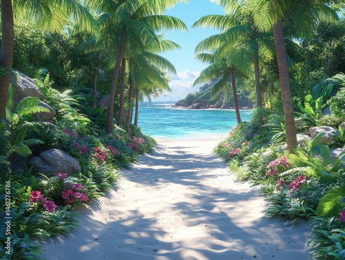 Tropical beach pathway leads to the ocean with lush palm trees around