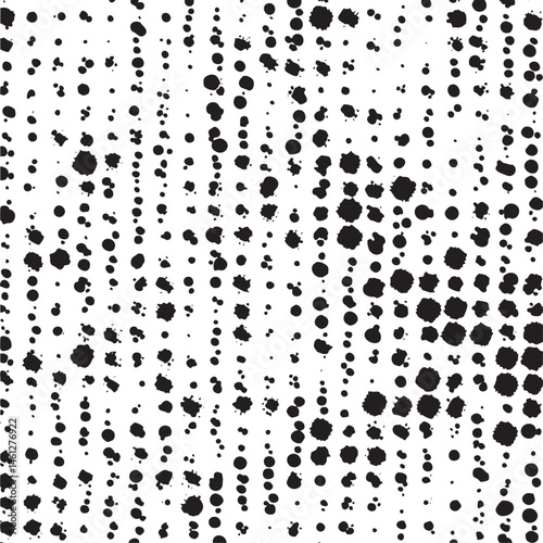 Numerous black dots cascade down a white background.