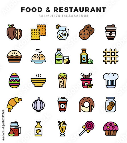 Set of 25 Food and Restaurant Lineal Color Icons Pack.