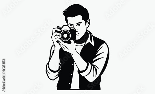 Man taking photo silhouette, standing photographer, camera user icon, Silhouettes man taking photos isolated on transparent background