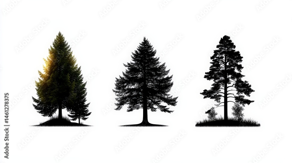 Obraz premium Three evergreen trees stand silhouetted against a bright white background in varying shapes and densities adding a touch of nature and shadow.
