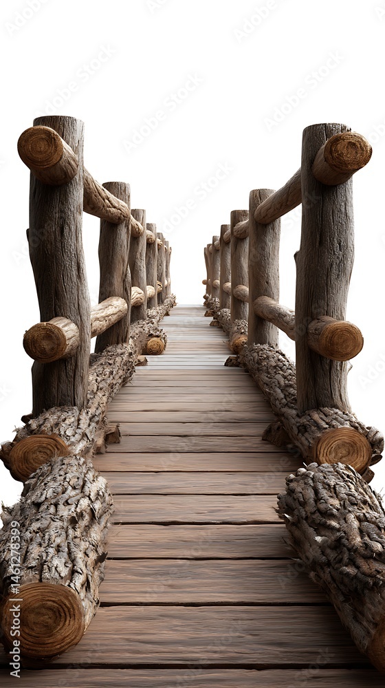 Naklejka premium Rustic wooden bridge pathway countryside natural wooden path isolated on white simple wooden pier concept