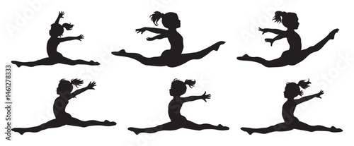 Silhouette of a girl gymnast performing a split jump, isolated black vector for sports and fitness design  