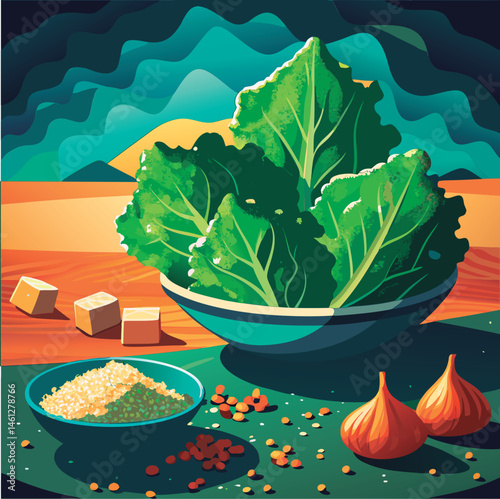 Fresh kale salad ingredients ready.