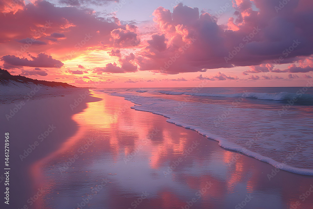 Serene Sunset Over Tranquil Beach with Reflective Waters - Ideal for Wall Art and Posters Serene Sunset Over Tranquil Beach with Reflective Waters - Ideal for Wall Art and Posters