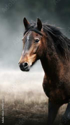 Majestic brown horse standing in a misty landscape during early morning hours near a pasture