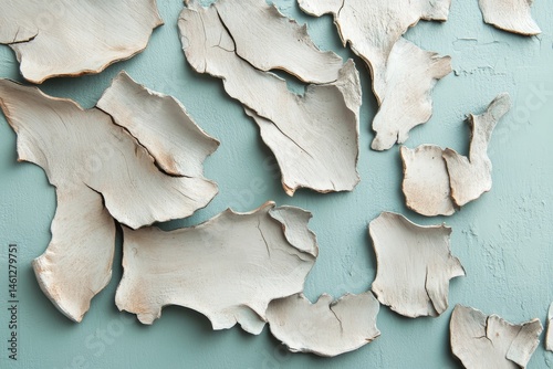 Abstract texture of cracked pale white paint on a light teal surface.