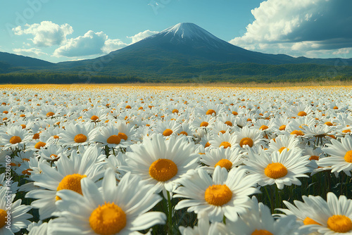Majestic Mountain and Daisy Field in Full Bloom - Nature's Serenity for Scenic Posters