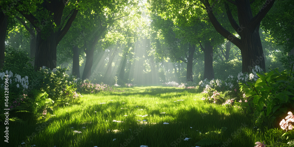 Fototapeta premium serene forest scene with sunlight filtering through trees, illuminating lush green pathway adorned with flowers. atmosphere is tranquil and inviting, perfect for peaceful retreat