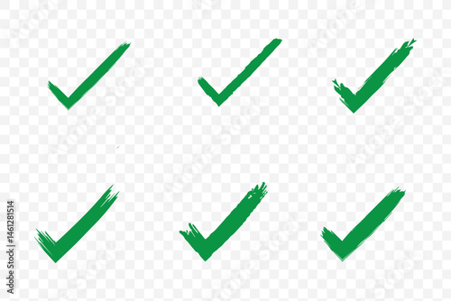 Green check mark icon set, Brush stroke approved symbols in green color, checkmark sign vector illustration