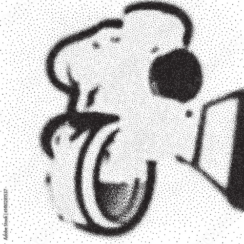 A stylized black and white of a dog's head.