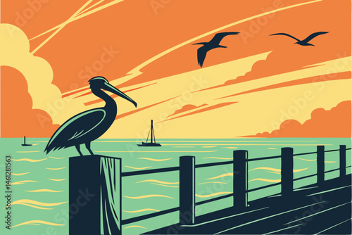 56 Sunset over calm ocean, silhouette of seagulls flying, large bird in foreground, wooden pier posts, vibrant orange and yellow sky, tranquil turquoise water, serene coastal scene, vector art style, 