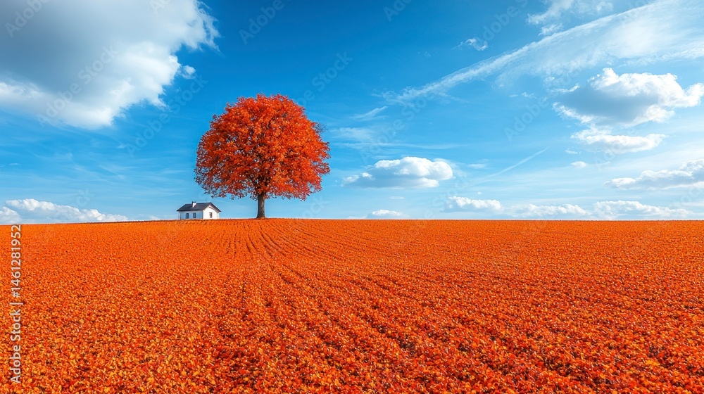 Fototapeten   - Vibrant landscape with tree, sky and small house #1461281952