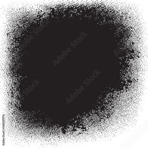 A black circle is surrounded by a scattering of white dots.