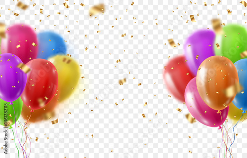 Festive confetti and flying balloons png. Golden bright confetti falls. Holidays and Birthday. Vector celebration background with confetti and 3d helium balloons. Isolated on transparent background.