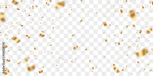 Festive confetti png. Golden bright confetti falls. Vector celebration background with confetti and gold ribbons. Holidays and Birthday. Vector isolated on transparent background.