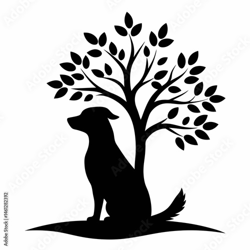 Dog Sitting Under Tree Minimalist Silhouette