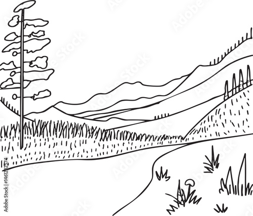 A solitary tree stands amidst a rolling grassy landscape under distant mountains.