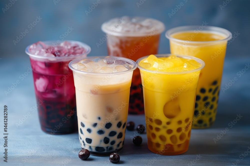 A colorful array of refreshing bubble tea, showcasing vibrant flavors and textures in clear cups.