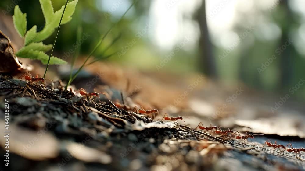 A close-up of a line of ants traversing a forest floor, showcasing their industrious nature and the intricate details of their environment in a vibrant, natural setting.
