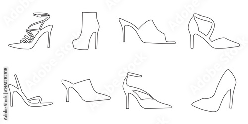 High heel woman shoe graphic icons set. Signs stiletto heels footwear isolated on white background. 