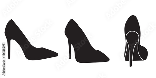 High heel woman shoe graphic icons set. Signs stiletto heels footwear isolated on white background. 