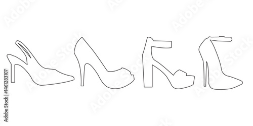 High heel woman shoe graphic icons set. Signs stiletto heels footwear isolated on white background. 