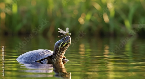 Realistic photo of a turtle in a calm pond, looking amused as a dragonfly lands on its snout