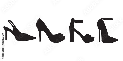 Set of high heels icon, silhouette, outline, vector, illustration, isolated on a white background . 