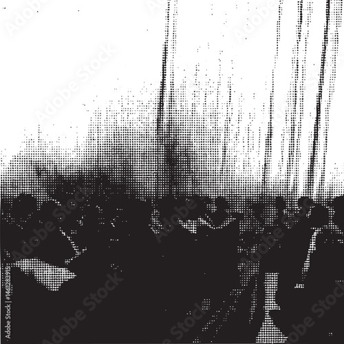 A blurred textured scene of people gathered in a dimly lit space.