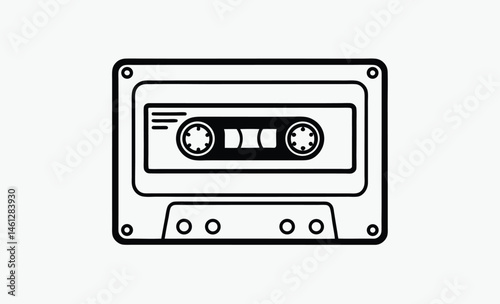 Cassette tape silhouette, retro audio icon, vintage music media, black tape illustration, old school cassette design