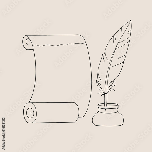 a vector line art illustration of a quill, ink bottle, and a scroll of paper