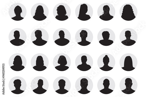 Avatars of a man and a woman. Silhouettes male and female. Profile picture, portrait symbol. User member. Circle button with avatar photo silhouette 