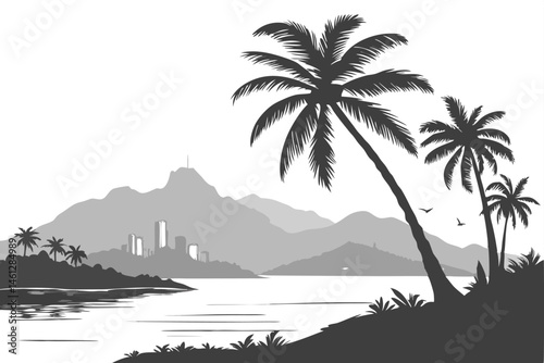 58 tropical island silhouette, palm trees, mountains, city skyline, reflective water, black and white, high contrast, panoramic view, serene landscape, monochromatic art, stylized illustration, tranqu
