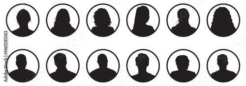 Vector flat illustration in grayscale. Icons of man and woman. Avatar, user profile, person icon, profile picture.