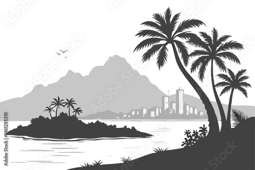 58 tropical island silhouette, palm trees, mountains, city skyline, reflective water, black and white, high contrast, panoramic view, serene landscape, monochromatic art, stylized illustration, tranqu