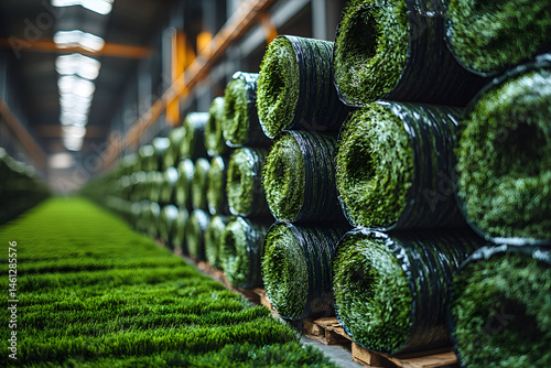 Artificial Grass Rolls in Factory Warehouse for Commercial Landscaping Projects