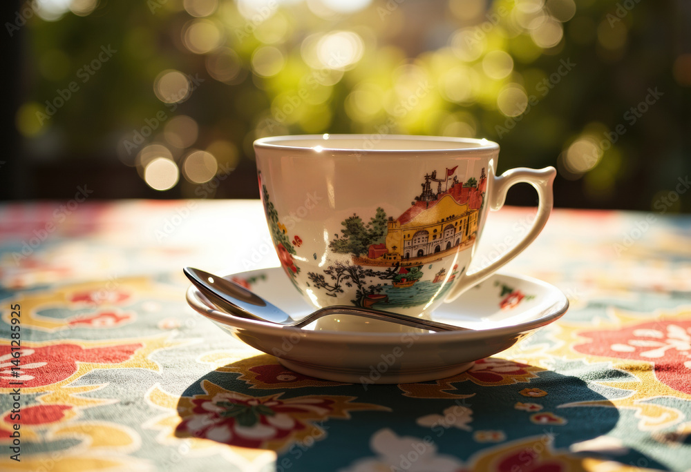 Fototapeta premium Elegant tea cup with saucer on a colorful tablecloth, softly blurred background