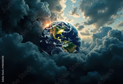 Earth surrounded by dramatic clouds with sunlight breaking through in a cosmic scene photo