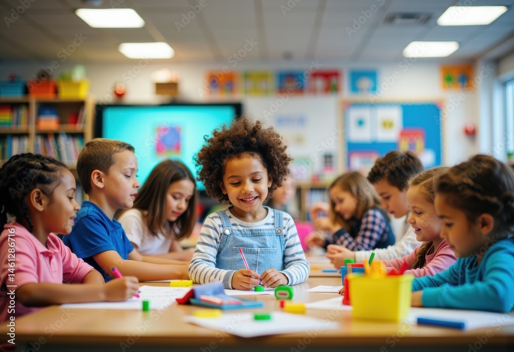 Fototapeta premium Children engaged in creative activities at a colorful classroom table