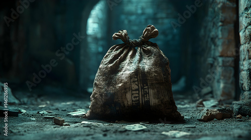 Dusty money bag in a dilapidated, dark setting.
