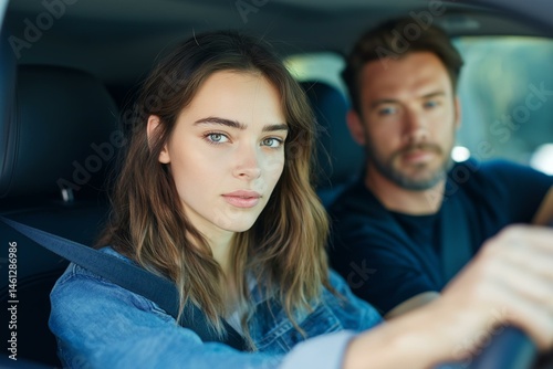 A couple enjoying a drive, showcasing connection and adventure. Captured in a car with focused expressions. photo