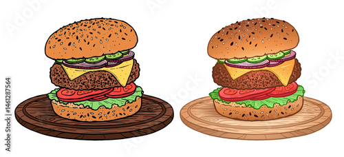 Vector illustration of a delicious burger with vegetables and sesame bun on wooden board. Flat food image, isolated.