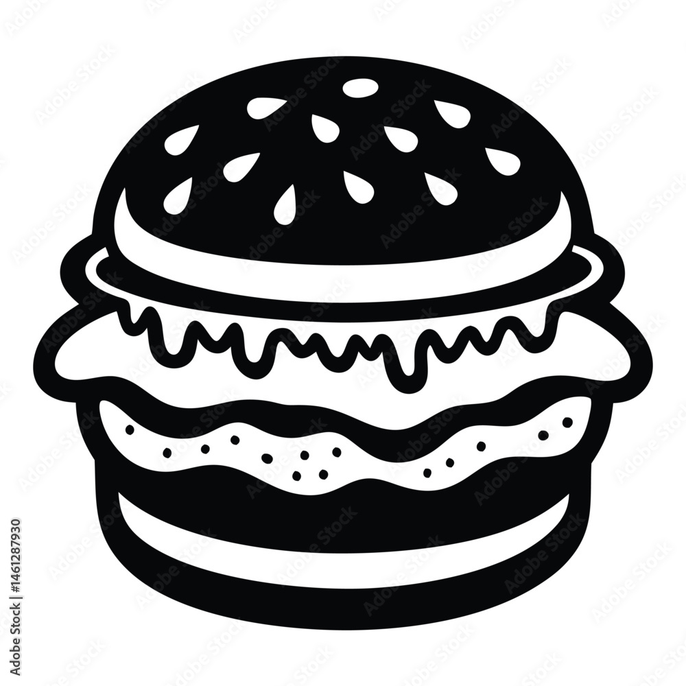 Hamburger Silhouette Vector, Delicious Big Burger Sesame Bun, Patty, Cheese, Lettuce, Tomato Hamburger Silhouette Vector, Delicious Big Burger Sesame Bun, Patty, Cheese, Lettuce, Tomato