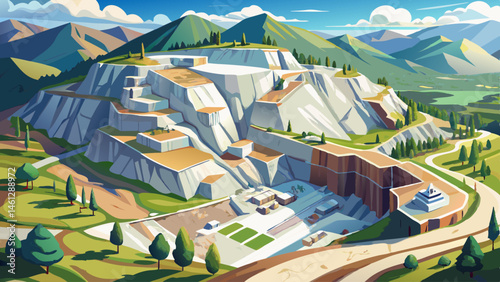 Aerial shot of a white marble quarry in the mountains, outdoor